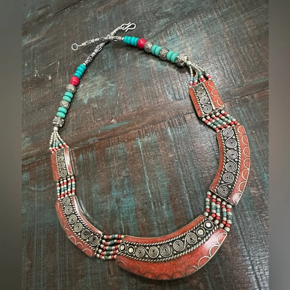 Turquoise and Coral Silver Tibetan Antique Look Necklace Jewelry Beads NEW - Picture 2 of 4